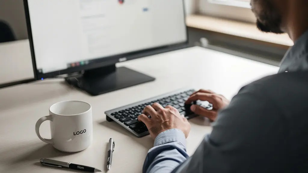 Espace de travail avec mug et stylo personnalisés utilisés au quotidien