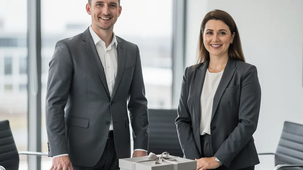 Échange professionnel autour d'un coffret cadeau d'affaires en salle de réunion