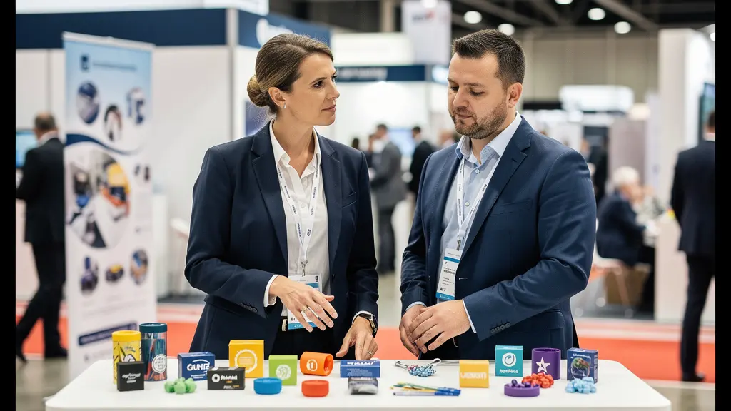 Visiteurs observant des objets publicitaires personnalisés sur un stand de salon professionnel