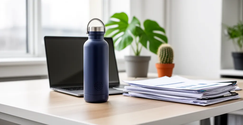 Gourde personnalisée posée sur bureau professionnel à côté d'un ordinateur