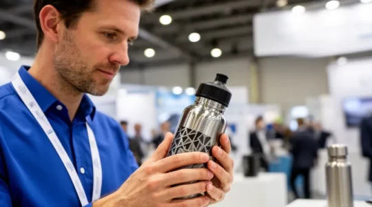Visiteur examinant une gourde personnalisée sur un stand de salon professionnel