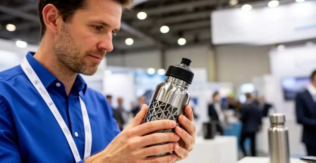 Visiteur examinant une gourde personnalisée sur un stand de salon professionnel